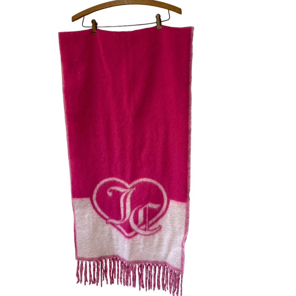 Juicy Couture Vintage Hot Pink White JC Heart Logo Faux Mohair Fringe Scarf